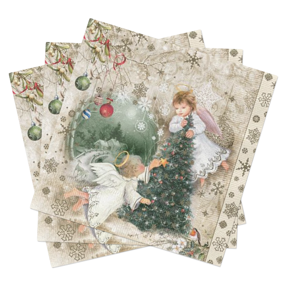 Two illustrated angels decorate a Christmas tree with ornaments on Napkins: Vintage Angels Lunch Napkins - Christmas Paper Napkins 20 pkg, featuring festive patterns and elegant European style, perfect for your holiday table.