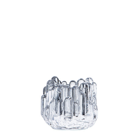 KostaBoda: Polar Votive Clear Small candle holder (H-86mm x D-95mm) features clear glass with vertical ridges, a round base, and slightly scalloped rim, reminiscent of Kosta Boda’s iconic glass sculptures. Displayed on a white background.