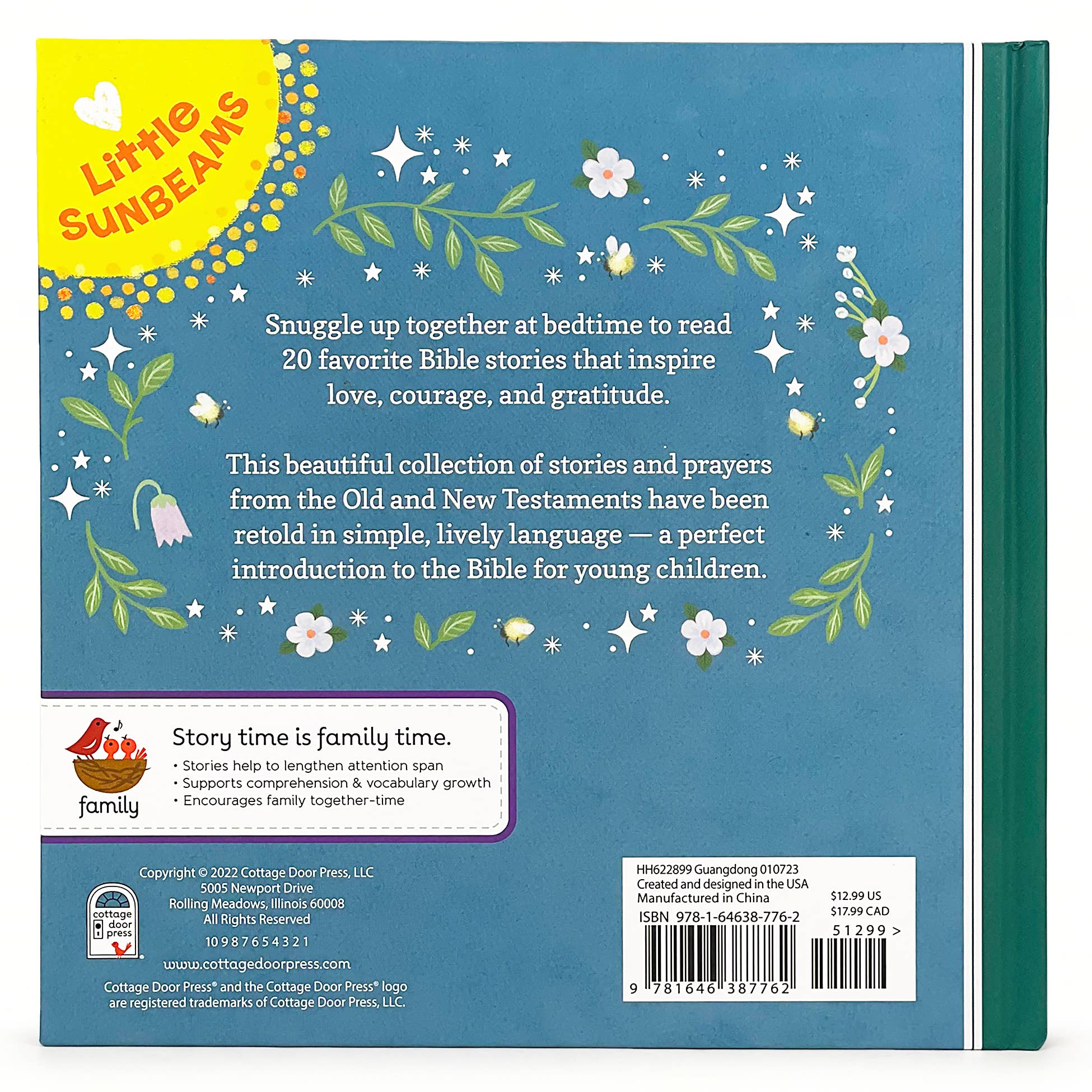 The back cover of "Good Night God, Bedtime Bible Stories" features a floral design, a summary of its bedtime stories, and publisher details at the bottom—making it a perfect christening gift.