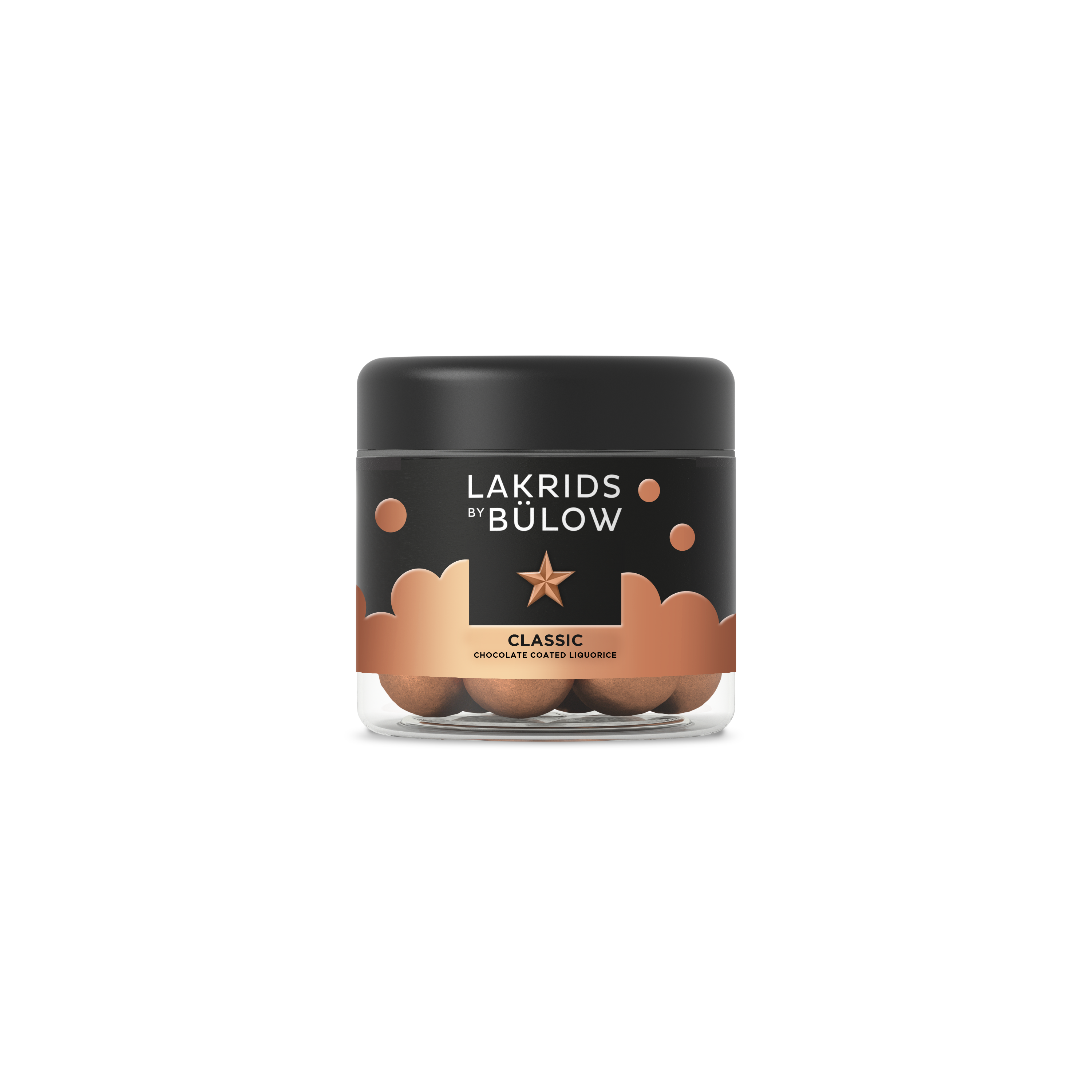 A jar of Candy:CLASSIC CARAMEL Chocolate Coated Licorice: Regular Limited Edition, featuring round, gluten-free candies with a black and copper label and a black lid.