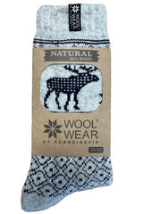 Gray wool sock featuring Nordic patterns and dark reindeer, labeled “Wool Wear of Scandinavia,” 80% wool, size 39/42, displayed in cardboard packaging.