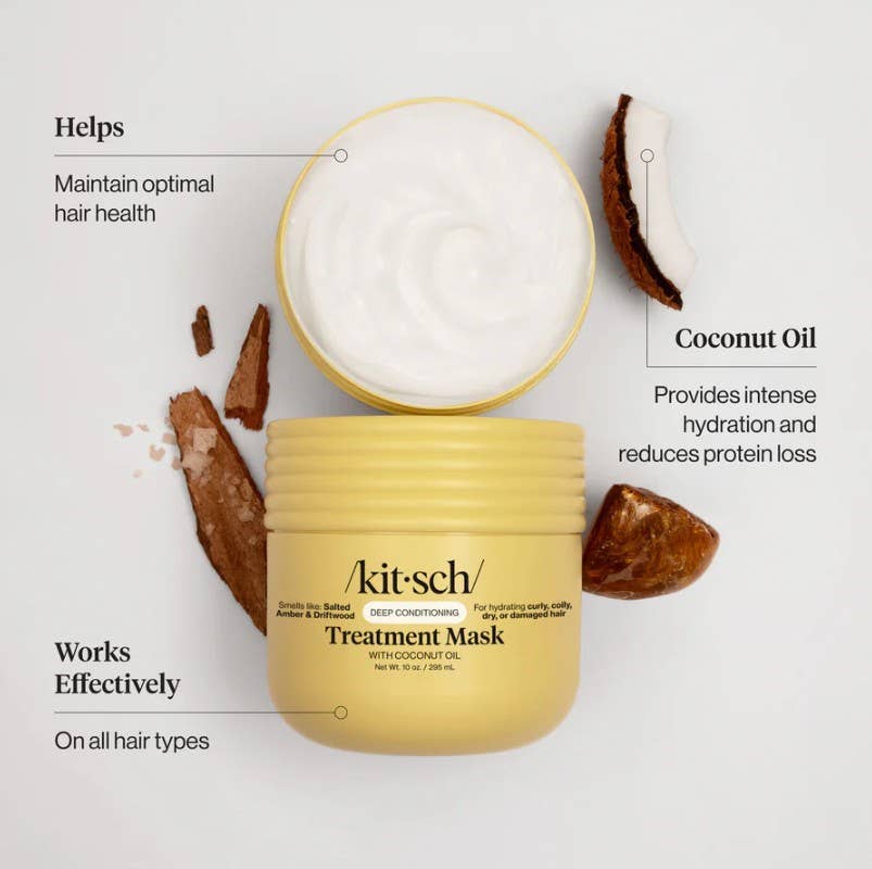 An open jar of Kitsch Hair: Moisturizing Coconut Oil Deep Conditioning Treatment Mask 10 oz sits among coconut pieces, with callouts to its hydrating, deep-conditioning benefits for all hair types.