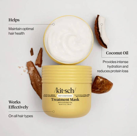 An open jar of Kitsch Hair: Moisturizing Coconut Oil Deep Conditioning Treatment Mask 10 oz sits among coconut pieces, with callouts to its hydrating, deep-conditioning benefits for all hair types.