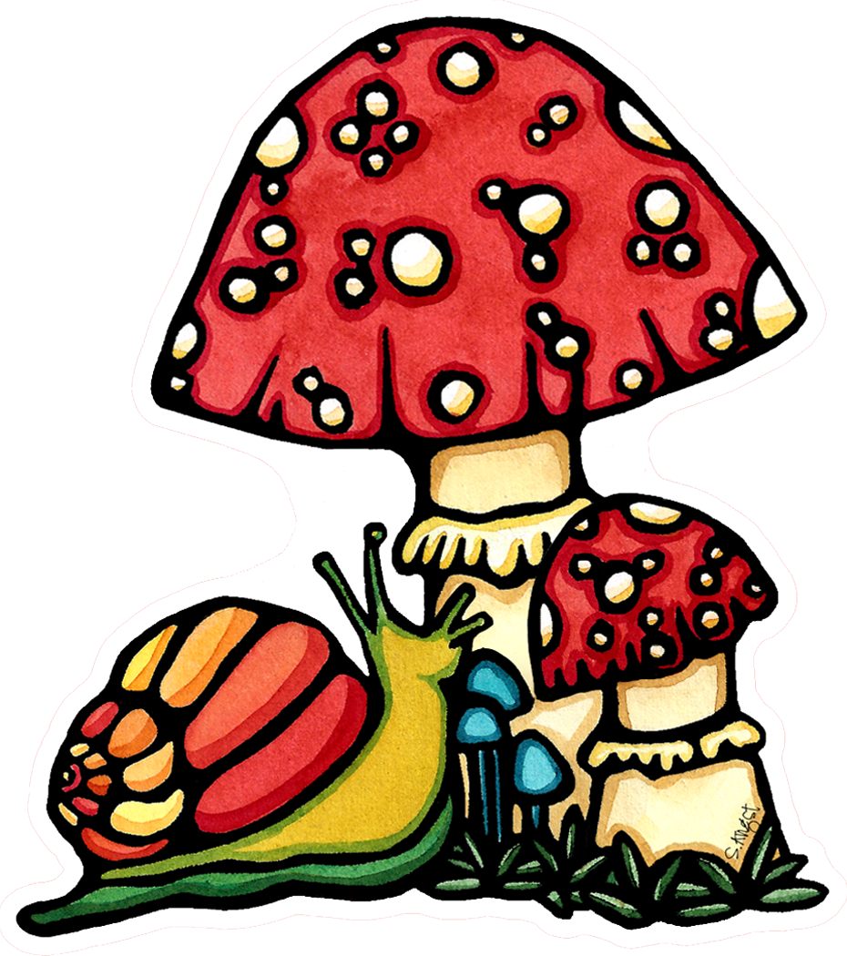 A colorful snail beside large red and white mushrooms, with smaller blue ones on the ground, creates an enchanting scene that captures the whimsy and charm of Sarah Angst Arts Mushroom Vinyl Sticker collection. Perfect for any nature lover.