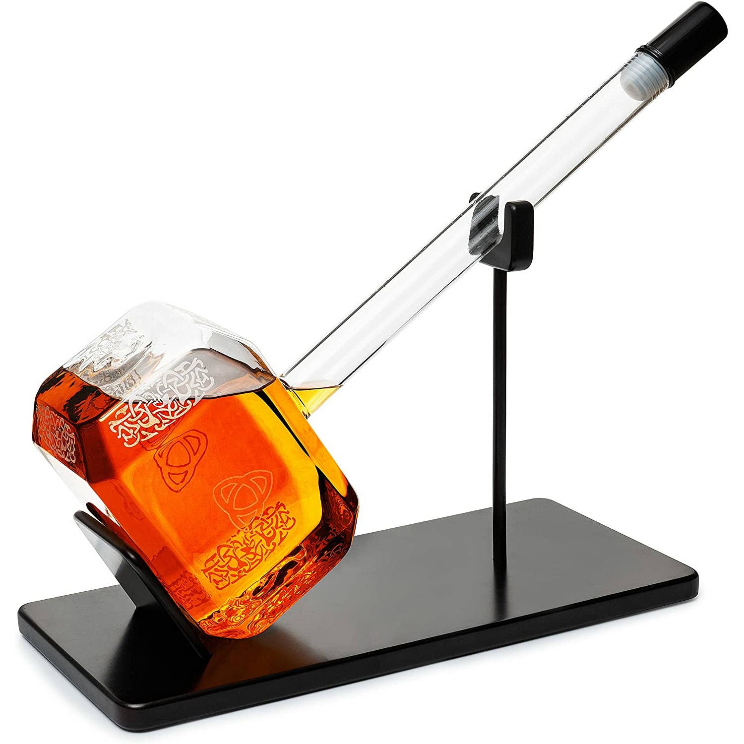 The Decanter: Thor Hammer Whiskey and Wine Decanter 3500ml, inspired by Norse mythology, holds your favorite amber liquor and is displayed on a striking black metal stand.