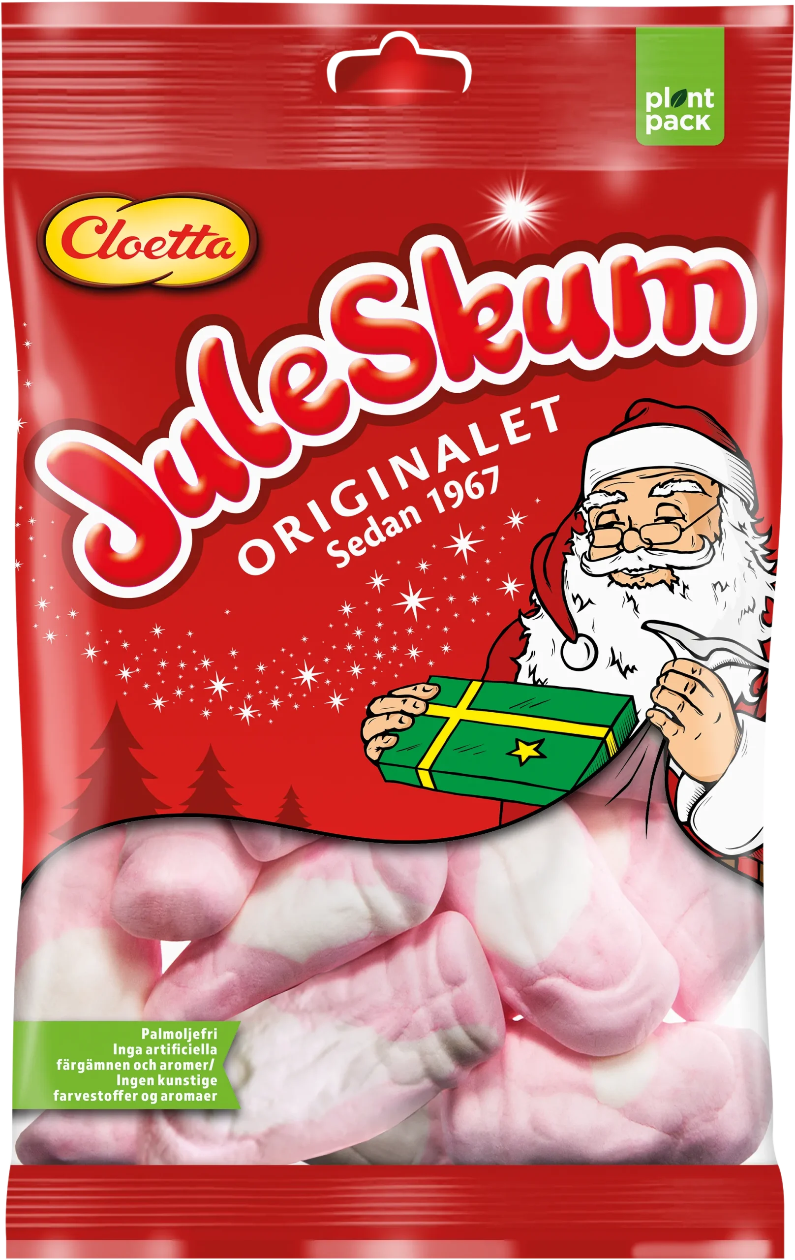 A 100g bag of Cloetta Swedish Juleskum Santa Marshmallows, featuring a red package with Santa Claus holding a green gift box and the text "Originalet Sedan 1967." This product is ideal for Christmas candy enthusiasts and comes in an eco-friendly plant-based pack.