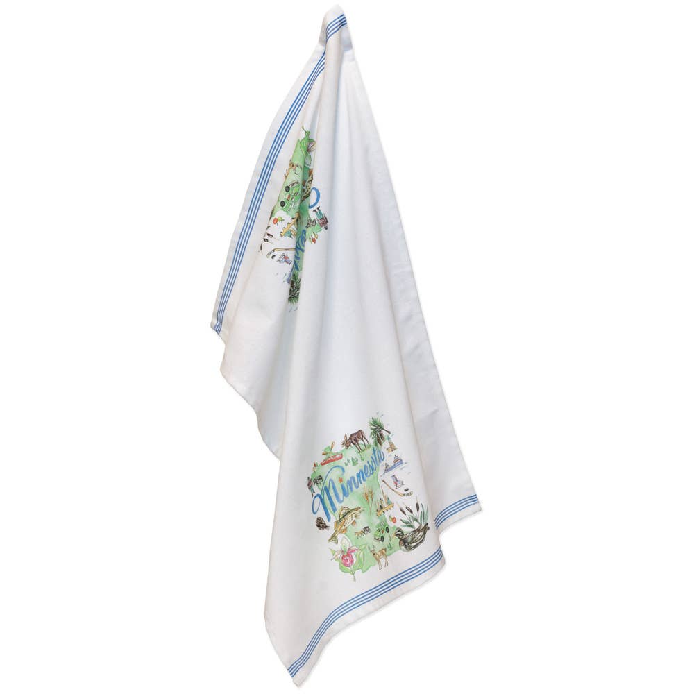 The Minnesota State Collection tea towels set includes two 28 white cotton towels with blue stripes, featuring a vibrant Minnesota illustration designed by Rosanne Beck to enhance your kitchen decor.