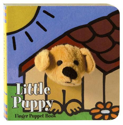 Book: Little Puppy Finger Puppet Book is an adorable baby board book with a plush puppy puppet in the center and bright illustrations of a house, sun, and flower.
