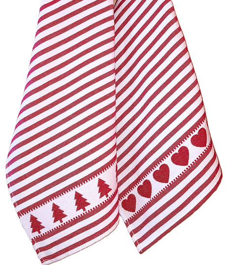 The Red Hearts Border Jacquard Tea Towel (20"x28") features festive red and white stripes with decorative borders of hearts and Christmas trees, crafted from soft European cotton for your Nordic-inspired kitchen.