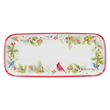 Rectangular melamine tray with red trim, featuring a Nordic border design of birds, pinecones, holly leaves, and berries.
