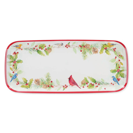 Rectangular melamine tray with red trim, featuring a Nordic border design of birds, pinecones, holly leaves, and berries.