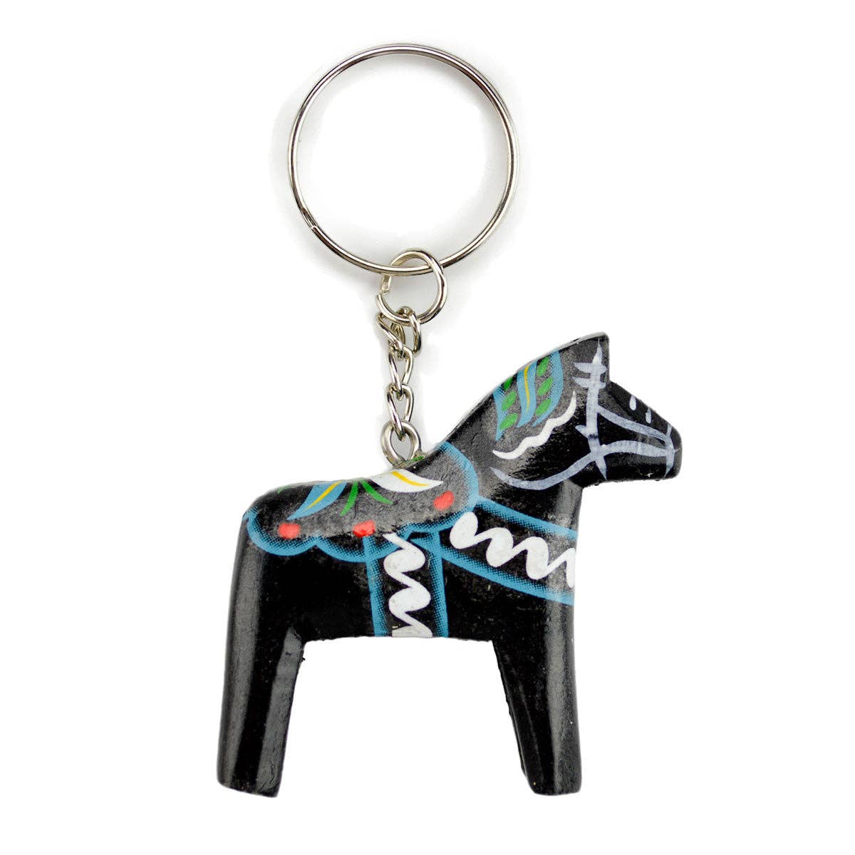Black Dala horse keychain with colorful painted patterns on wood, attached to a silver key ring by a short chain.