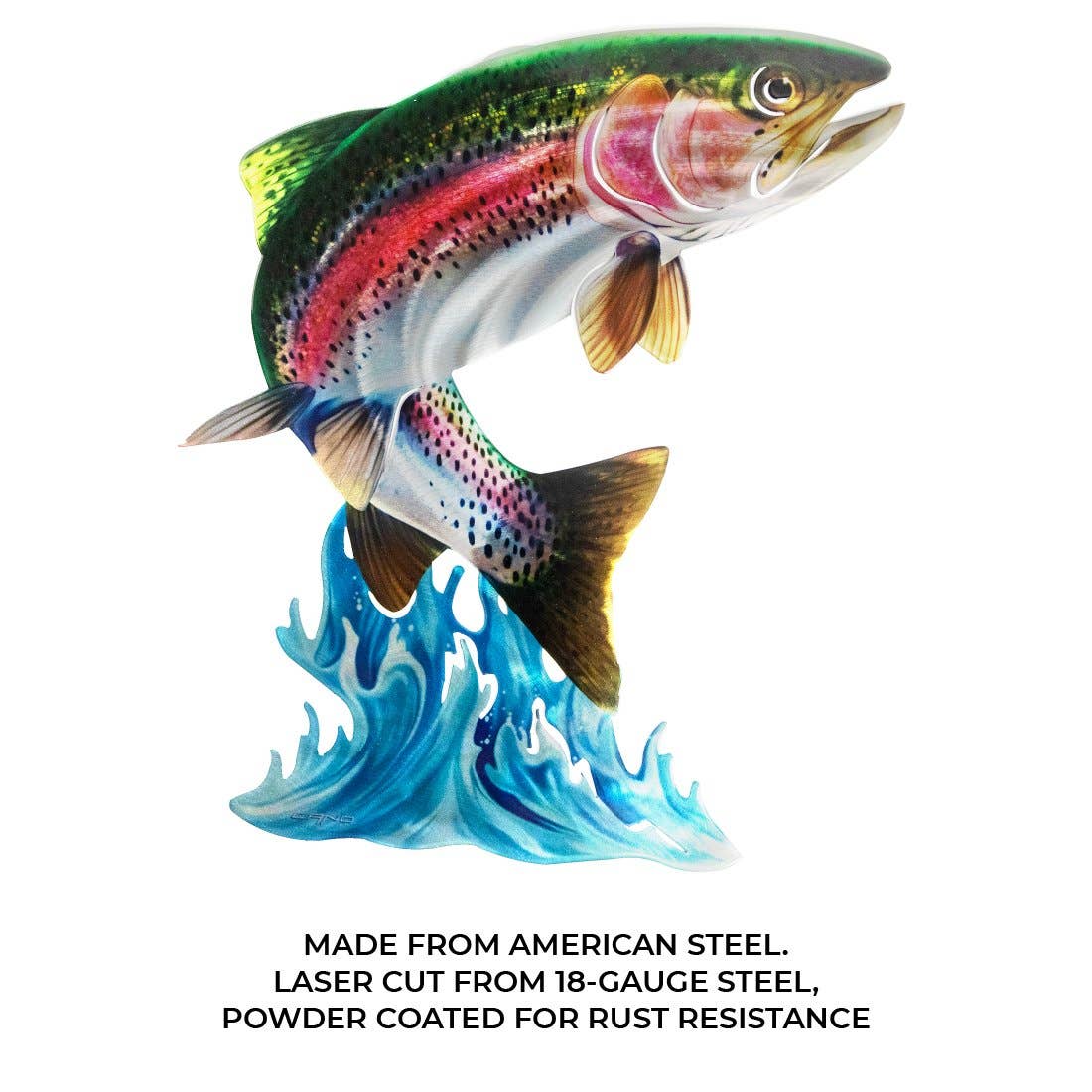 The Wall Decor: Jumping Trout Wall Art showcases a vibrant trout leaping from blue waves. The description highlights its weather-resistant properties and expert craftsmanship, being laser cut from American steel and designed to resist rust.