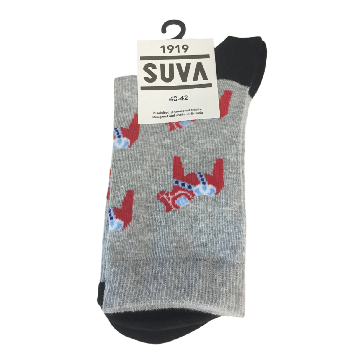 Gray socks decorated with red Swedish Dala horses, black toes and heels, hang neatly packaged from a black hook. The label reads 1919 SUVA, part of the Nordic Collection, available in size 36-38.