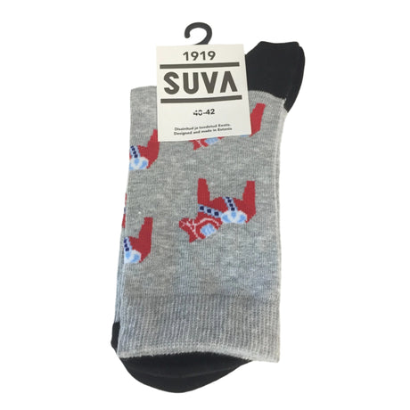 Gray socks decorated with red Swedish Dala horses, black toes and heels, hang neatly packaged from a black hook. The label reads 1919 SUVA, part of the Nordic Collection, available in size 36-38.