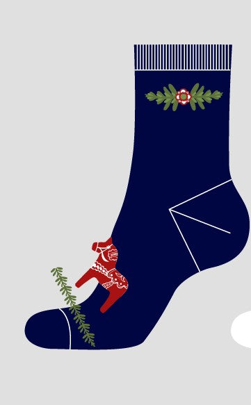 Part of the Suva 1919 - Nordic Collection, these navy socks feature a red Dala horse and green floral designs, crafted by an Estonian company.