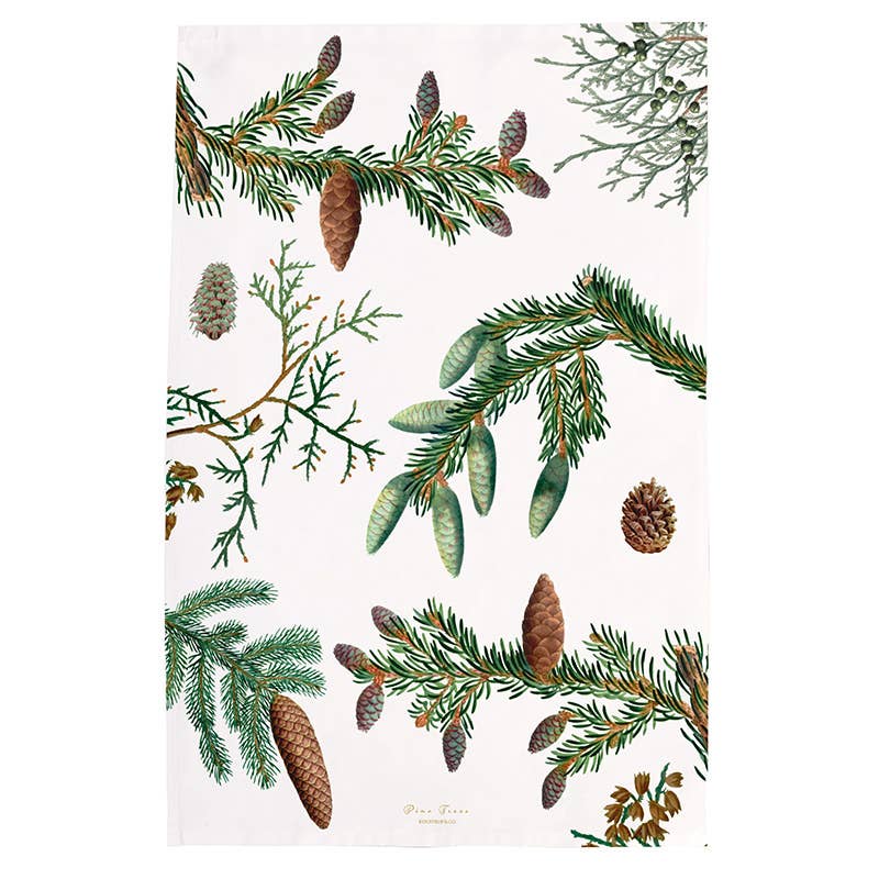 This 100% organic cotton tea towel from Koustrupco, featuring an illustration of pine cones and evergreen branches reminiscent of fragrant pine trees on a white background, is packaged in biodegradable materials for an eco-friendly touch.