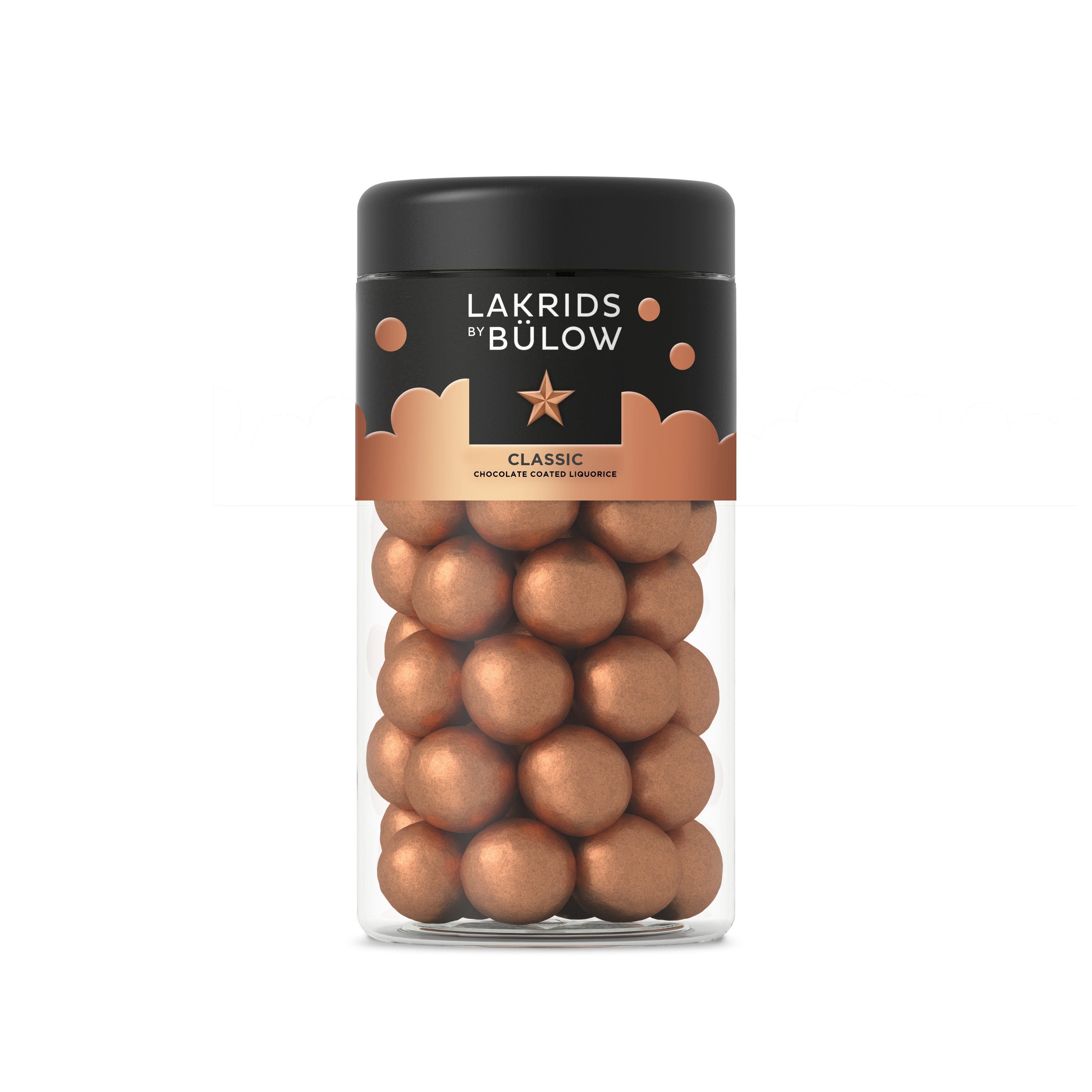 A clear jar labeled Candy:CLASSIC CARAMEL Chocolate Coated Licorice: Regular Limited Edition holds gluten-free licorice balls with a black and gold lid and label design.