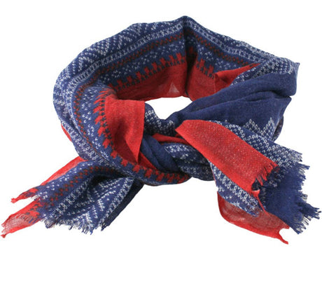 The Marius Navy Red and White Norwegian Design Womens Scarf is made from 100% wool and features a classic geometric pattern with frayed ends.