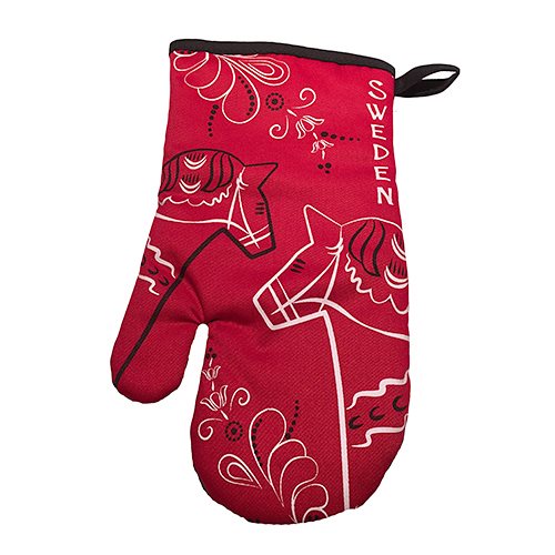 Oven Mitt: Red Dala Horse Sweden, adorned with white horse designs and decorative Kurbits patterns inspired by the Dalahäst theme.