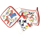 This delightful Swedish kitchen gift set, the Oven Mitts & Potholders: 3-Piece Dala Horse, comprises a pot holder, towel, and oven mitt. Each item is adorned with red borders and intricate floral patterns featuring iconic red Dala horses and the word "Sweden," making it a perfect mix of tradition and style for any cooking aficionado.