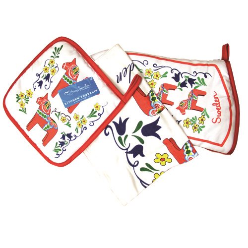 This delightful Swedish kitchen gift set, the Oven Mitts & Potholders: 3-Piece Dala Horse, comprises a pot holder, towel, and oven mitt. Each item is adorned with red borders and intricate floral patterns featuring iconic red Dala horses and the word "Sweden," making it a perfect mix of tradition and style for any cooking aficionado.