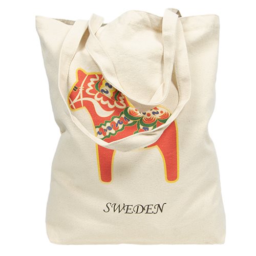 A white tote bag showcasing a vivid red Dala horse illustration, elegantly paired with the word SWEDEN underneath.