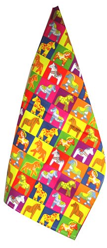 A vibrant kitchen towel showcasing a pattern of various stylized Dala Horses on a grid of bright squares, inspired by Nordic artistry.