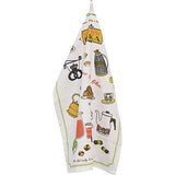 The Swedish Fika Patterned Tea Towel is adorned with colorful illustrations of coffee pots, cups, and utensils, adding a charming vibe to your kitchen.