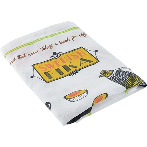 Introducing the Tea Towel: Swedish Fika, featuring charming Swedish fika designs that include illustrations of baked goods and coffee-related items. Made from a premium blend of linen and cotton, this towel offers both durability and elegance for any kitchen setting.