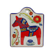 The European Heritage Gifts Tile: Red Dala Horse Cheeseboard is a 7.5" ceramic tile with cork backing and a hanging hole, perfect for wall decor or as a unique trivet featuring traditional Swedish design.