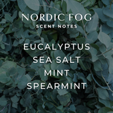 Green eucalyptus leaves background with overlaid text: Eucalyptus, sea salt, mint, and spearmint scent notes for the Nordic Fog Candle: 8oz refreshing soy wax candle.