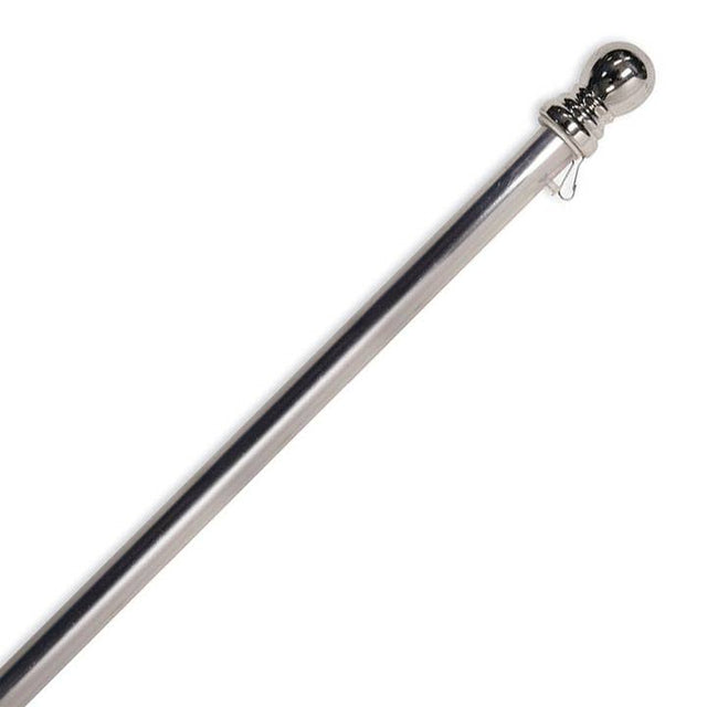 The 57 Standard Aluminum Flag Pole features weather-resistant construction, a shiny rounded chrome knob finial, and a small ring near the end.