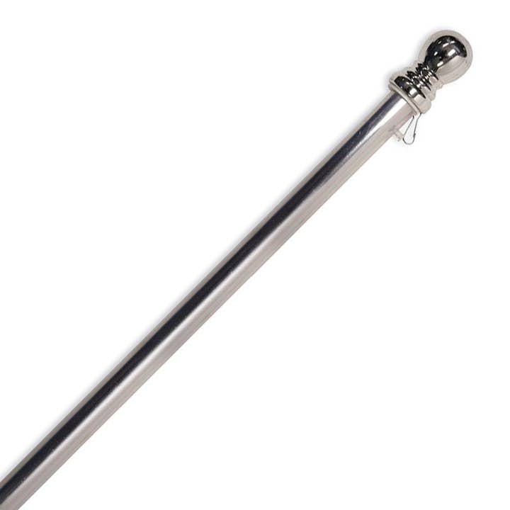 The 57 Standard Aluminum Flag Pole features weather-resistant construction, a shiny rounded chrome knob finial, and a small ring near the end.