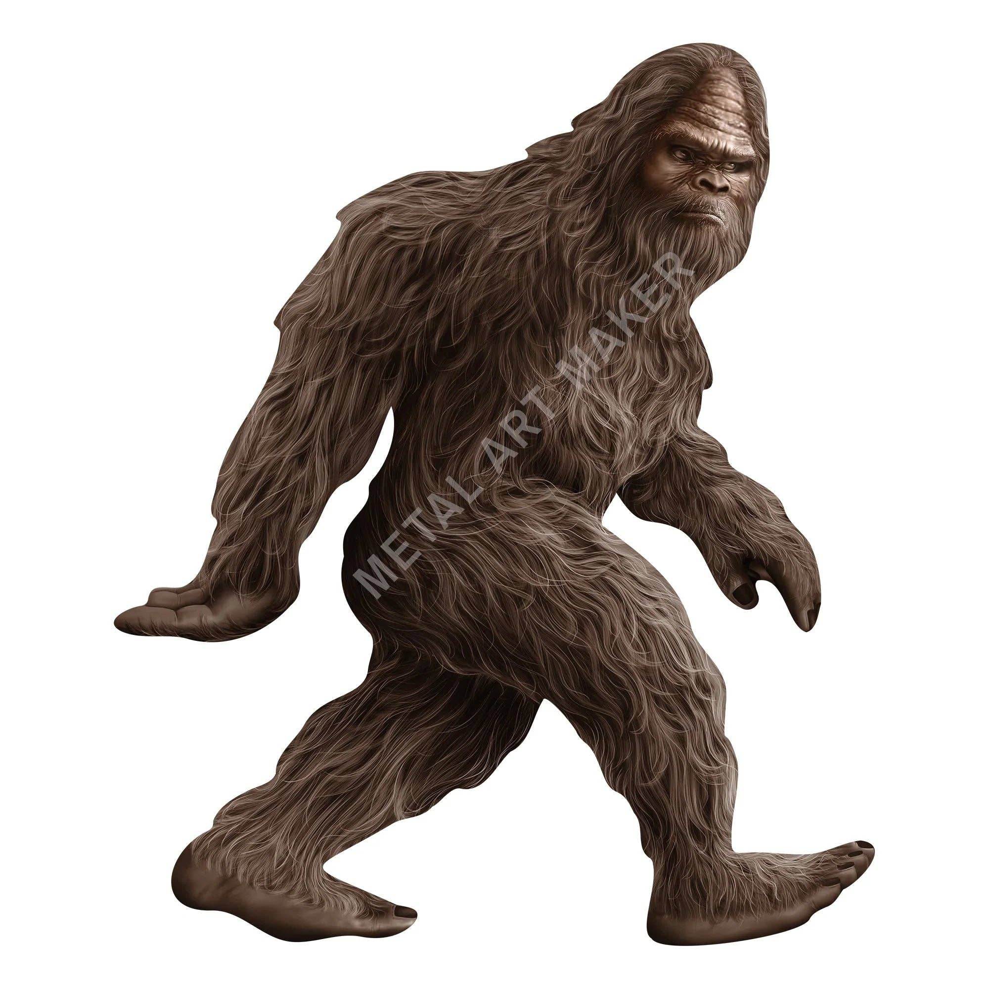 Illustration of Bigfoot strolling, shown with long brown hair and exaggerated features on a white background, reminiscent of the Magnet: Sasquatch Realistic.