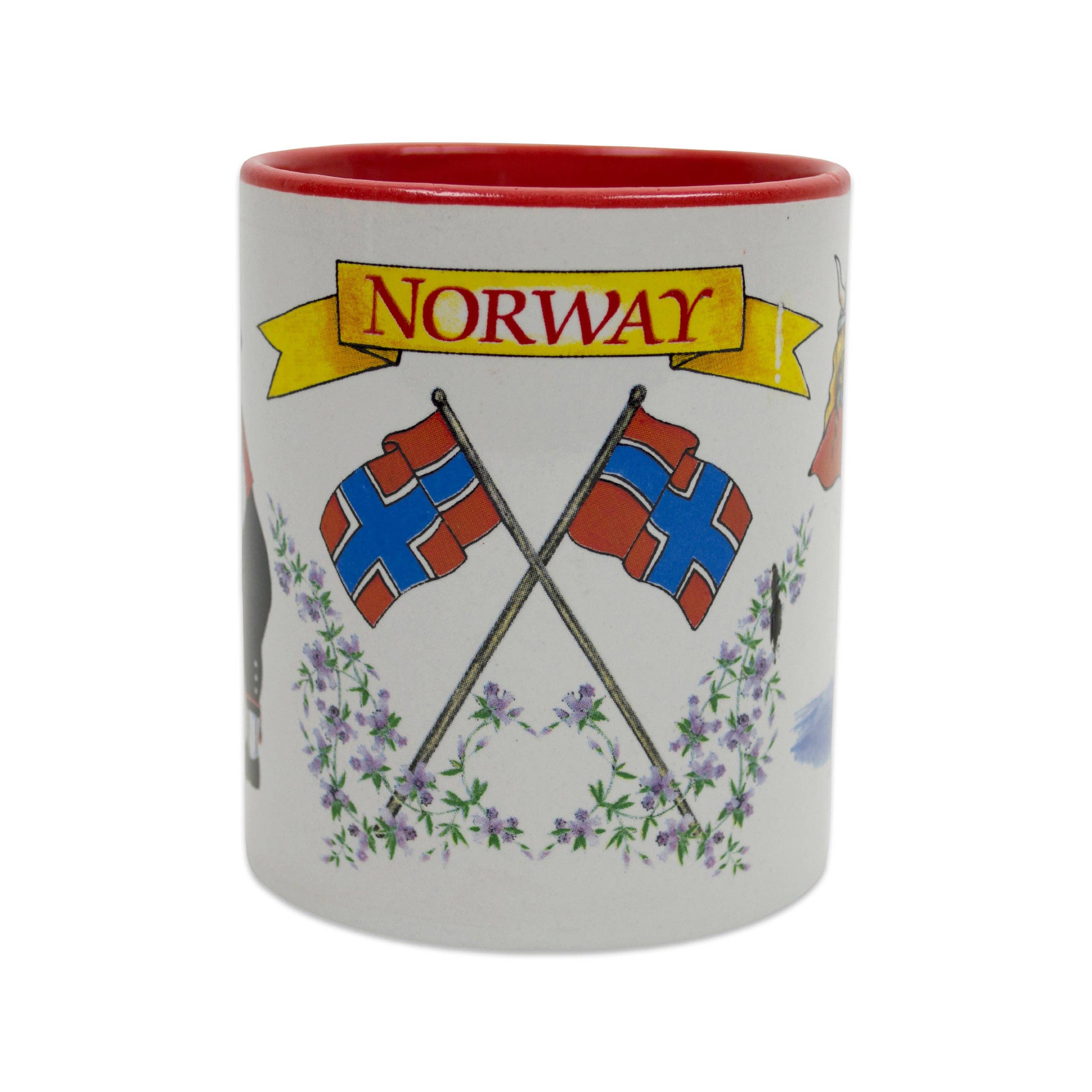 The I Love Norway coffee mug features a white exterior with a red interior, displaying two crossed Norwegian flags beneath a yellow Norway banner surrounded by purple flowers—perfect for expressing your love for Norwegian graphics with every sip.