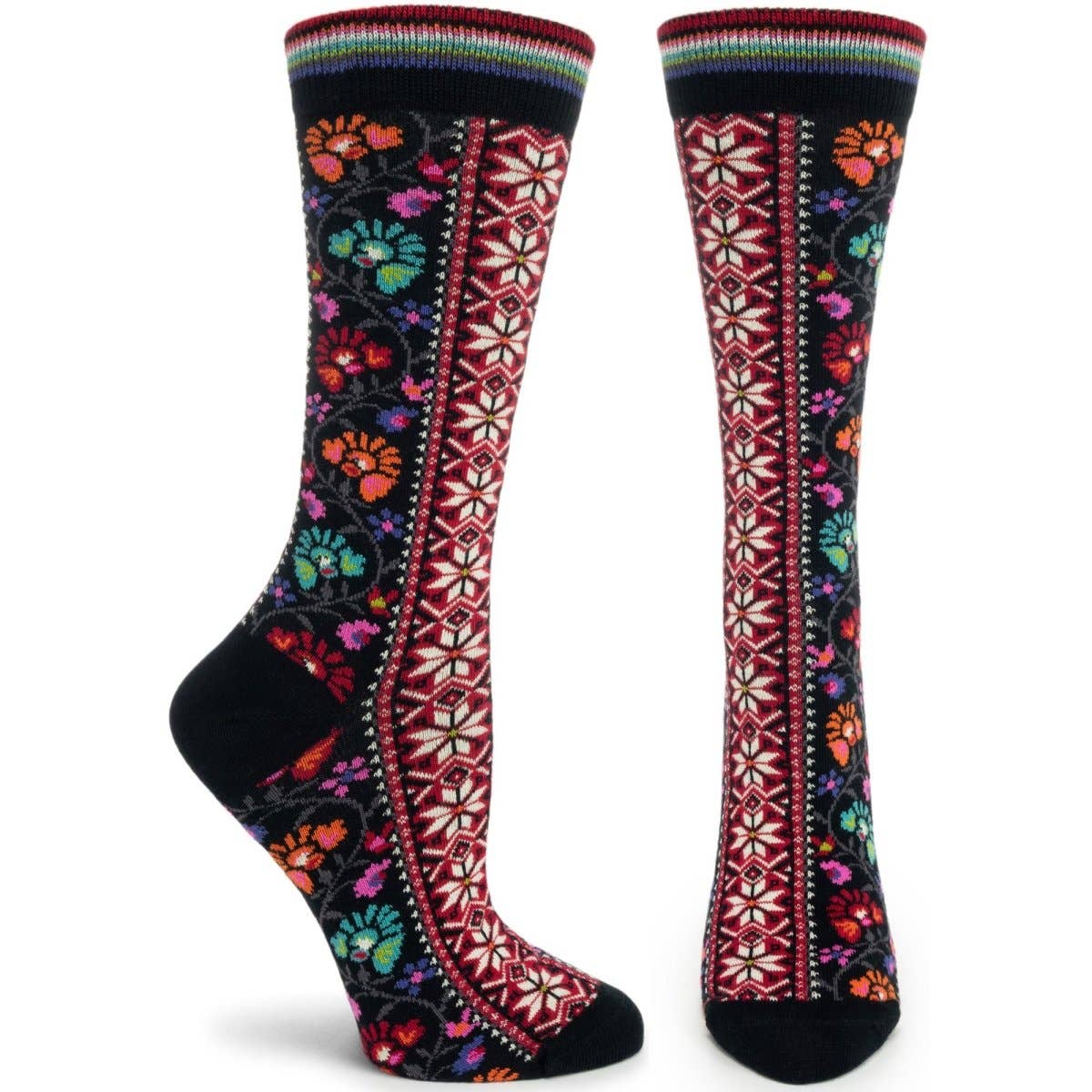 The Socks: Floral Ribbons-Black by Ozone Women's Floral Ribbon Crew Sock features colorful floral and geometric patterns in red, white, blue, orange, and green.
