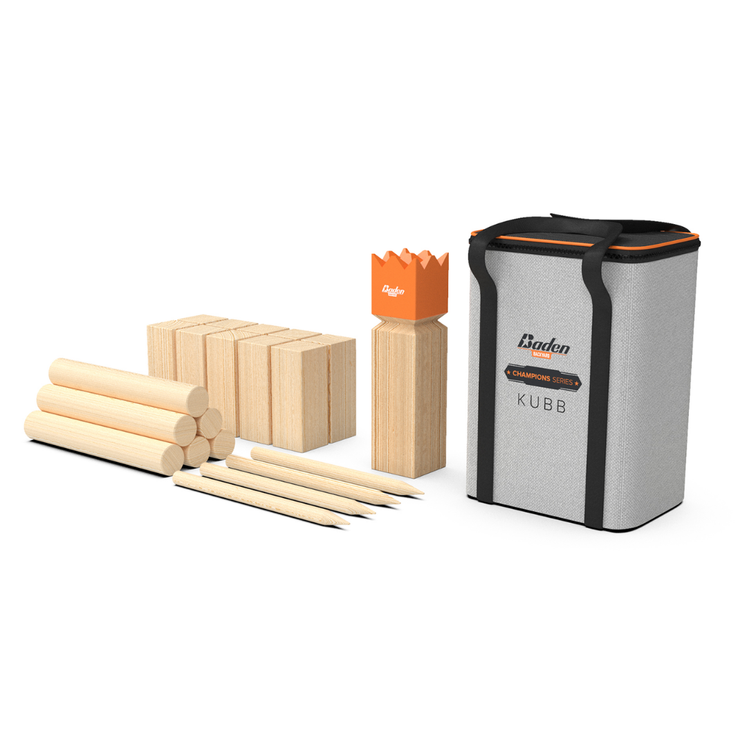 The Game: Kubb Champions Series Yard Game Viking Chess Game includes batons, blocks, a king piece, and stakes, shown beside a gray carrying bag with black straps—ideal for your next backyard match.