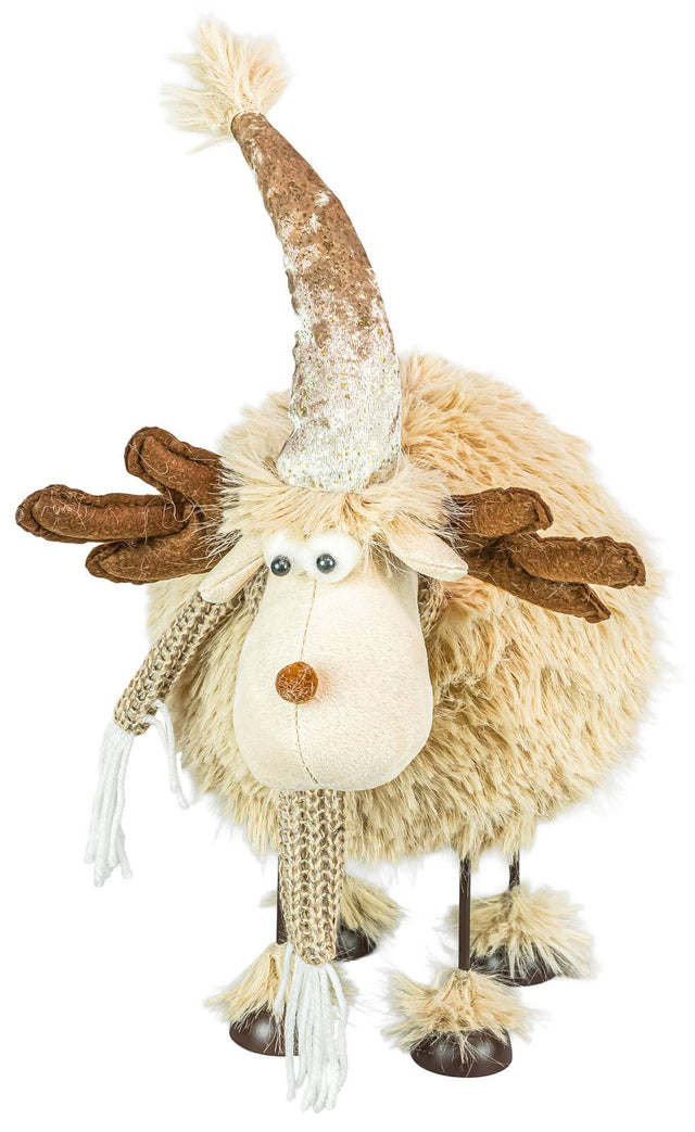 Plush reindeer figure with shaggy fur, brown antlers, tall glittery hat, long scarf, white socks, and thin metal legs.