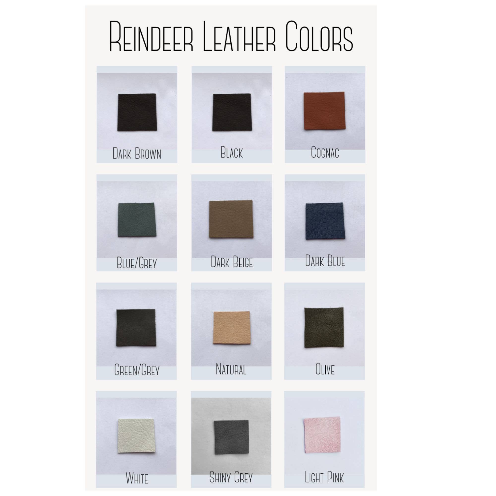 A chart shows twelve reindeer leather color swatches—perfect for creating the Lapland Sami Tin Bracelet Single Braid #1 in Blue Gray or other unique handmade jewelry—with shades like Dark Brown, Cognac, Olive, White, Light Pink, and more.