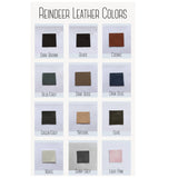 A chart shows twelve reindeer leather color samples, including Black, Dark Brown, Cognac, and Blue/Grey—ideal for choosing the perfect shade for your Traditional Sami Bracelet #5B in Black Reindeer Leather.