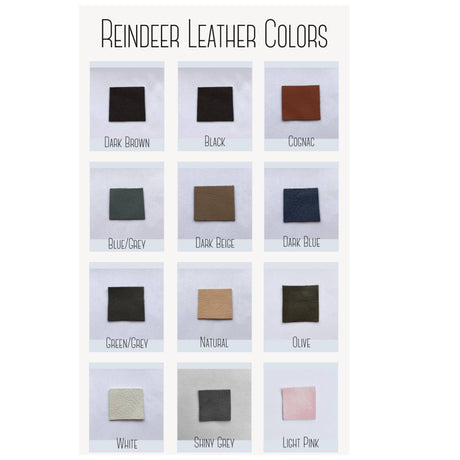 A chart shows twelve reindeer leather color samples, including Black, Dark Brown, Cognac, and Blue/Grey—ideal for choosing the perfect shade for your Traditional Sami Bracelet #5B in Black Reindeer Leather.