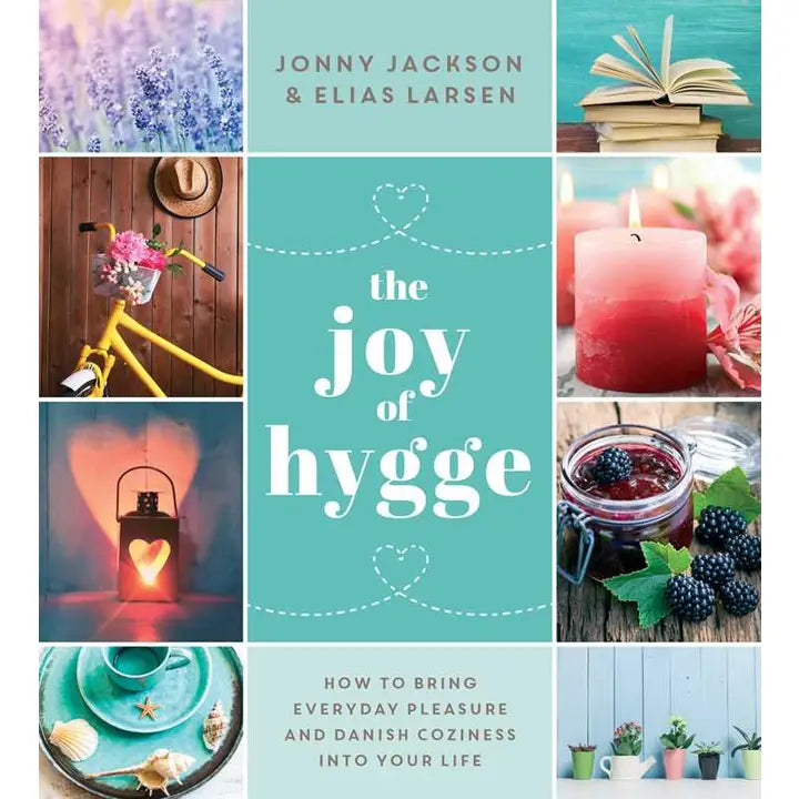 A cozy collage showcases a bike, candles, berries, and lavender surrounding Joy of Hygge by Jonny Jackson—capturing Danish happiness and a snug lifestyle.