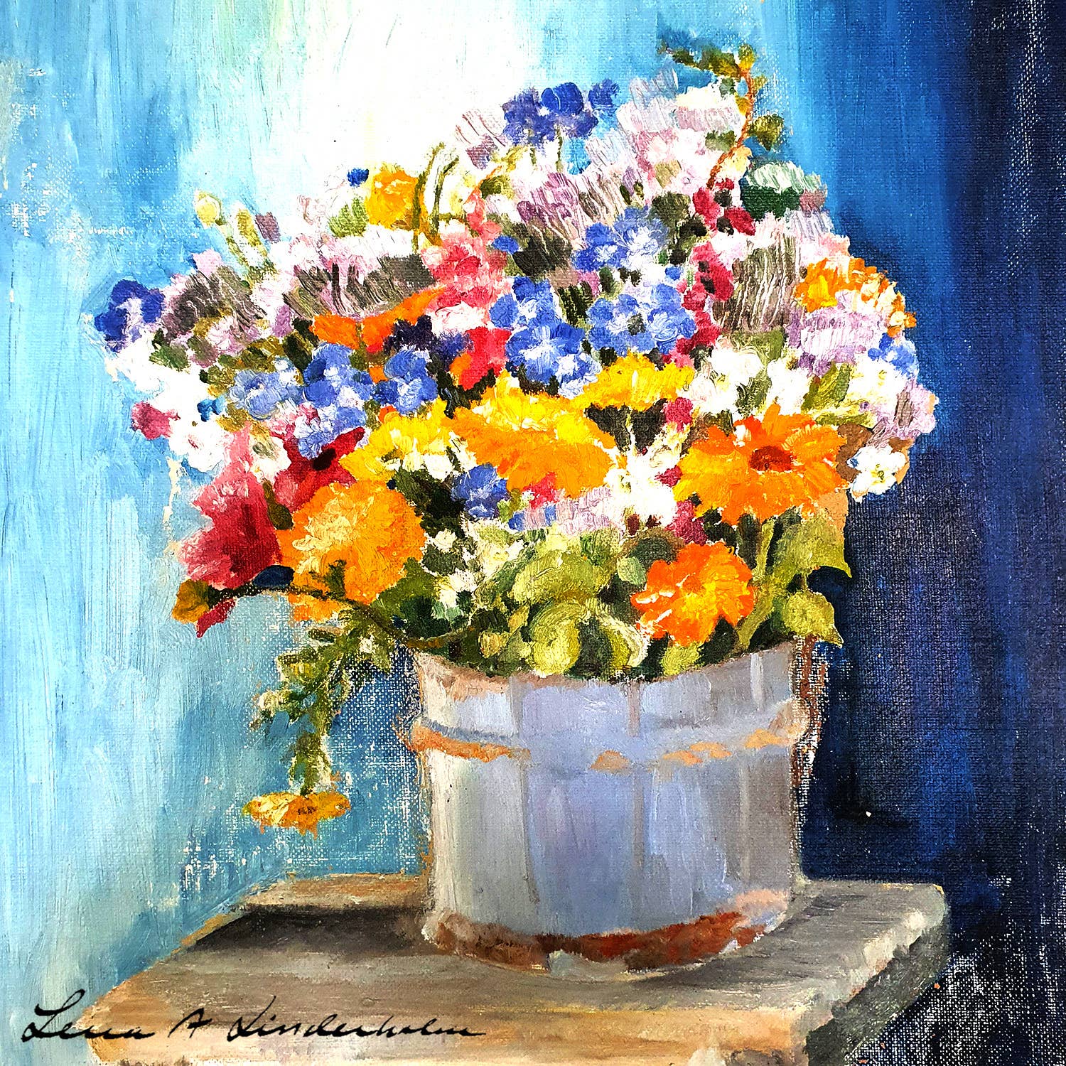 A vibrant painting of assorted flowers adorns the Bucket of Blooms by Lena Linderholm Swedish dishcloth.