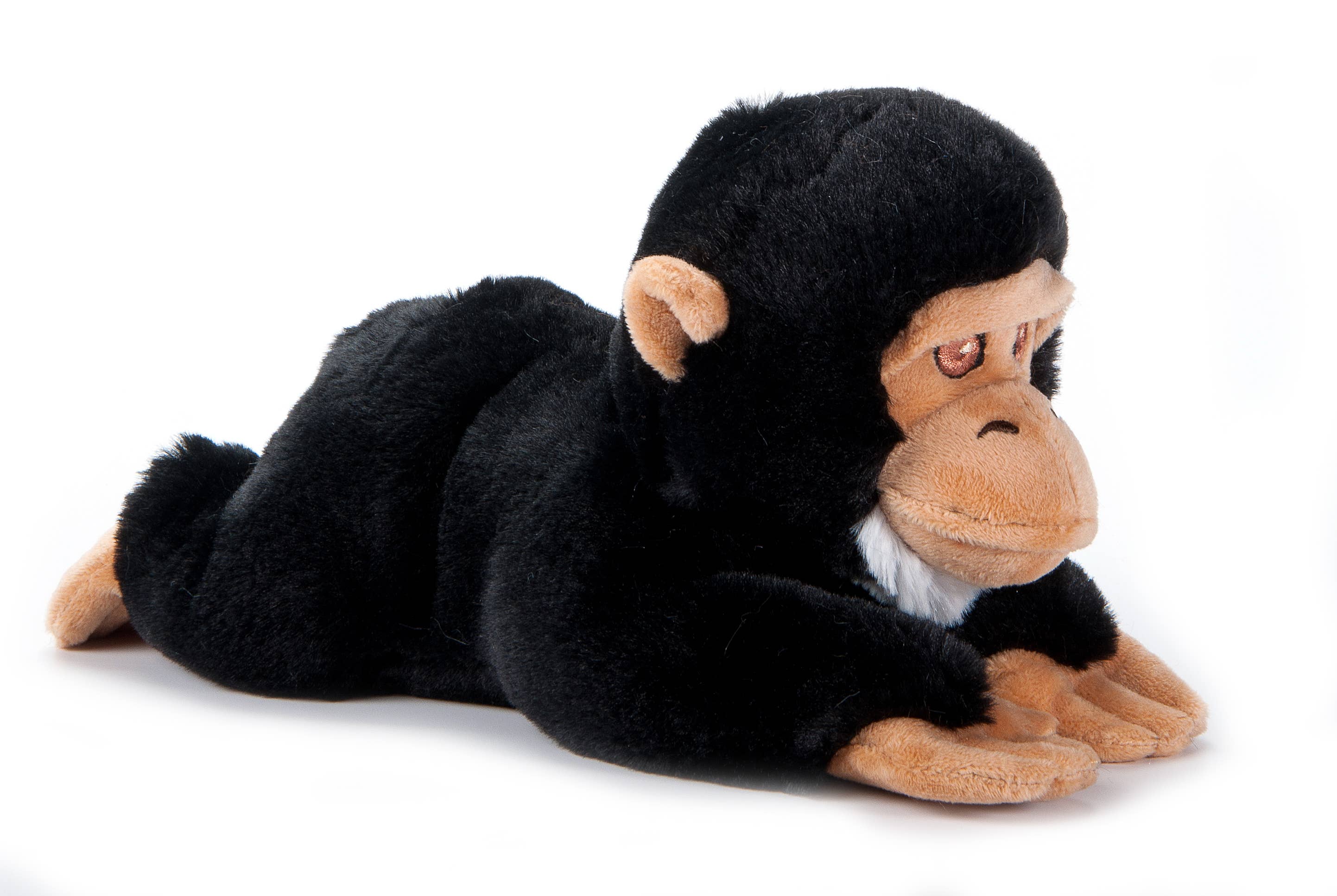 The Plush: Chimp Stuffed Animal 10 Long Earth Keeperz features black fur with beige face, ears, hands, and feet. It lies on its stomach against a white background and is crafted from recycled materials for eco-friendly cuddles.
