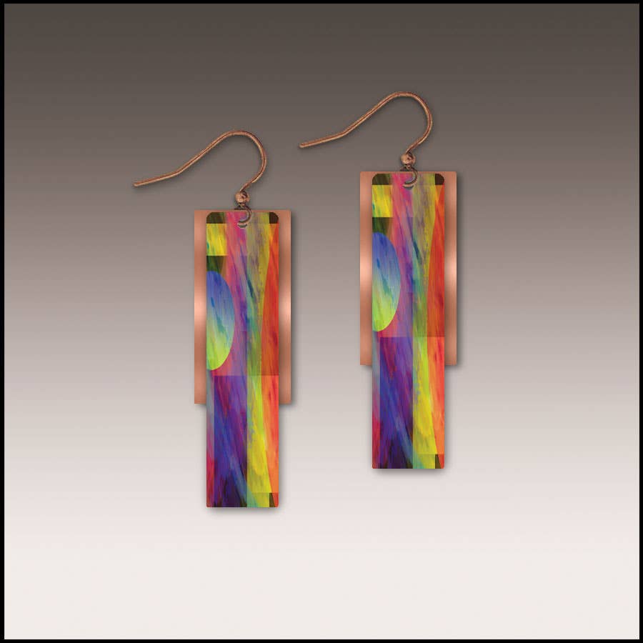 The Earrings: Multicolor Copper Accent Multilayer Earrings feature handcrafted copper hooks and rectangular pendants with a vibrant abstract pattern and gradient background.