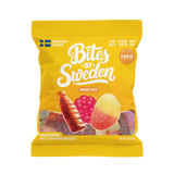 Yellow bag containing assorted Swedish candy gummies, with images of a jelly candy and a curled gummy sweet on the front.
