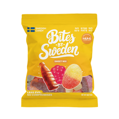 Yellow bag containing assorted Swedish candy gummies, with images of a jelly candy and a curled gummy sweet on the front.