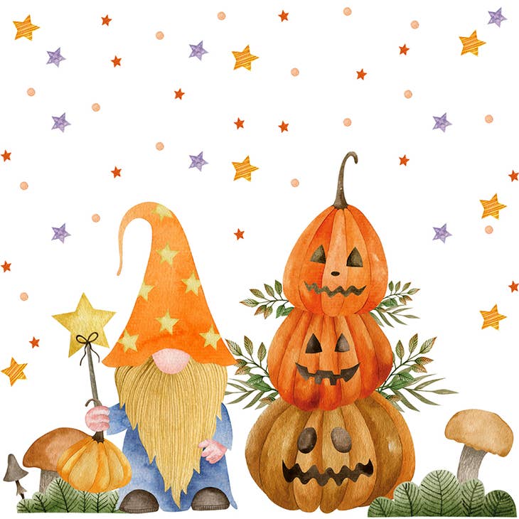 The Pumpkin Gnome napkins feature a gnome holding a star-tipped wand, standing next to stacked jack-o-lanterns and mushrooms, all amidst scattered orange and purple stars.