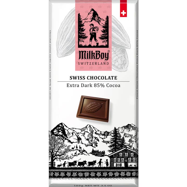 Milkboy Swiss Alpine Chocolates packaging features a mountain scene, a chocolate piece, and a Swiss flag on a red banner, showcasing its Extra Dark 85% Cocoa richness. It is also Rainforest Alliance Certified for ethical appeal.